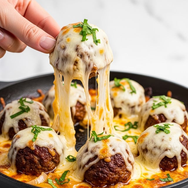 The image shows a close-up of juicy meatballs covered in melted cheese, sitting on a layer of melted cheese and sauce at the bottom of a dark pan. Each meatball is browned on the outside with a crispy texture and sprinkled with small pieces of fresh green herbs. One meatball is being lifted by a woman's hand, with melted cheese stretching in long, gooey strings from the meatball to the pan. The sauce beneath has a creamy, slightly golden color with bits of onions visible. The background is a white marbled texture. Photo taken with an iphone --ar 4:5 --v 7