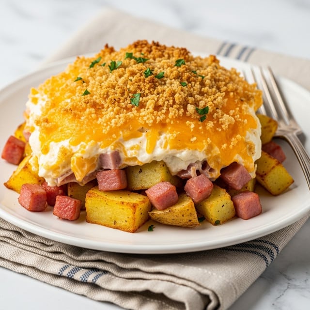 A close-up of a plate with a cheesy baked casserole showing three main layers: chunky pieces of golden, crispy baked potatoes and diced pink ham at the bottom, a thick middle layer of melted yellow-orange cheddar cheese mixed with creamy white sauce, and a crunchy golden-brown breadcrumb topping with small green parsley pieces sprinkled on top; the white plate sits on a folded beige and blue linen cloth on a white marbled surface, with an old silver fork at the right edge of the plate. photo taken with an iphone --ar 4:5 --v 7