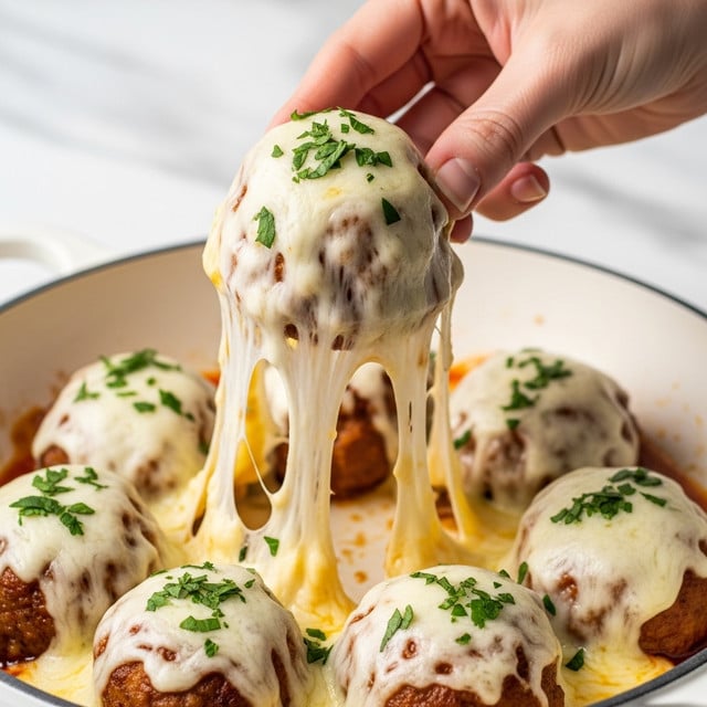 The image shows a close-up of several golden-brown meatballs covered with melted, gooey cheese, topped with small bits of chopped green herbs. One meatball is being lifted by a woman's hand, with long, stretchy cheese strings connecting it to the others in the white pan. The cheese looks creamy and bubbly, and the meatballs have a slightly crispy texture on the outside. The background features a white marbled surface. photo taken with an iphone --ar 4:5 --v 7