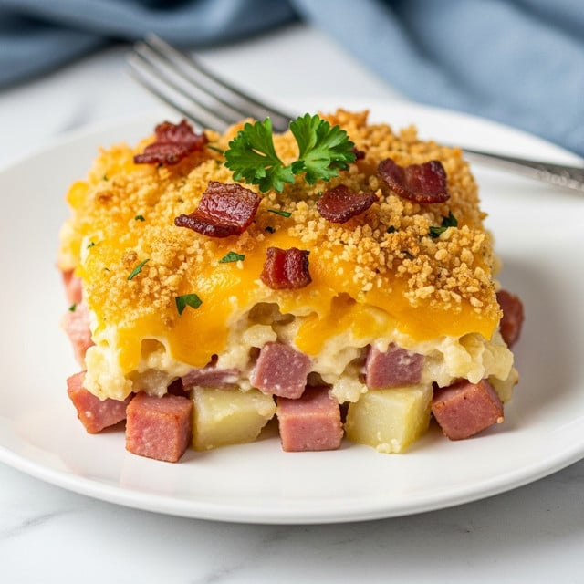 A white plate holds a serving of baked casserole featuring three visible layers: the bottom layer has a chunky mix of pink ham cubes and white potato pieces, the middle layer is creamy and cheesy with melted bright yellow cheddar, and the top layer is golden brown and crispy with toasted breadcrumbs and bits of browned bacon. The dish is garnished with a small green parsley sprig in the center, adding a fresh pop of color. There is a silver fork resting at the back of the plate, set on a white marbled surface with a blurred blue cloth in the background. Photo taken with an iphone --ar 4:5 --v 7