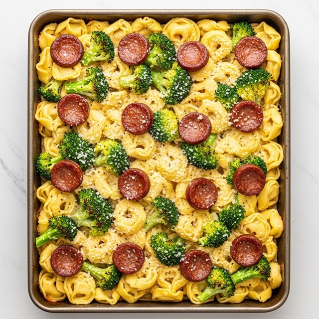 A rectangular baking pan filled with a baked pasta dish consisting of multiple layers visible from the top: yellow tortellini pasta with a soft texture form the base, mixed with bright green broccoli florets scattered evenly throughout, and round slices of browned sausage with a slight crispy edge distributed on top. The entire dish is lightly topped with a layer of finely grated white cheese that has slightly melted and browned in some areas, adding texture and color contrast. The pan rests on a white marbled surface. Photo taken with an iphone --ar 4:5 --v 7
