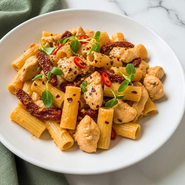 The image shows a large metal pan filled with a creamy pasta dish. The dish has two main layers: the bottom layer consists of creamy sauce with a light orange color, and on top are tube-shaped pasta pieces and chunks of cooked chicken. Scattered throughout the pan are visible sun-dried tomatoes and sprinkled herbs and red chili flakes, adding texture and color contrast with specks of green and red over the creamy, pale orange sauce. The pan rests on a white marbled surface. photo taken with an iphone --ar 4:5 --v 7