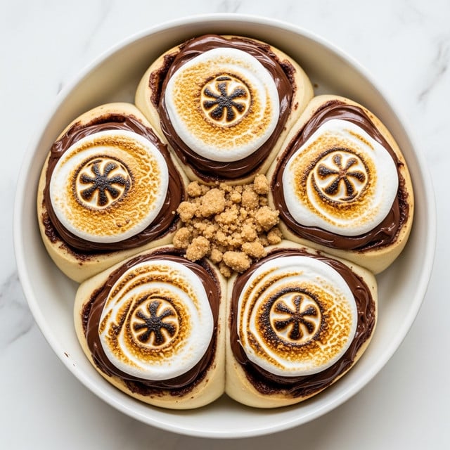 A round white pan holds four cinnamon roll-like pastries arranged in a flower shape, each topped with a thick layer of glossy dark chocolate spread and swirled toasted white marshmallow cream with golden brown spots. The soft dough of the rolls is light beige and fluffy, visible around the edges where the chocolate and marshmallow meet. In the center, light brown crumbly bits are scattered, adding texture contrast. The dish sits on a white marbled surface, emphasizing the creamy and rich toppings on the soft rolls. photo taken with an iphone --ar 4:5 --v 7