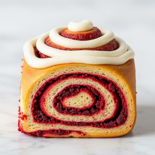 A close-up of a single red velvet cinnamon roll with three visible spiral layers. The outer layer is a light golden brown dough marked with rich red velvet crumbs, the middle layer is a deep red crumb mixture, and the inner layer is topped with smooth, creamy white icing swirled thickly on top and between the layers. The texture looks soft and moist with a fine crumb, set against a white marbled surface. photo taken with an iphone --ar 4:5 --v 7