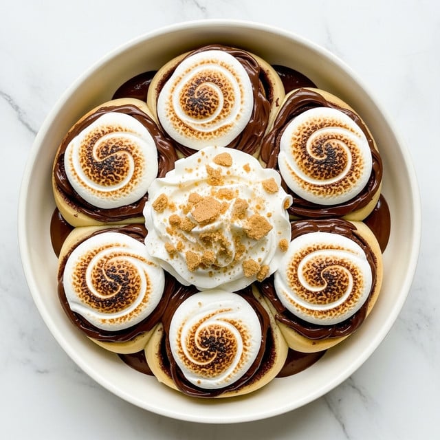 A white round bowl on a white marbled texture holds six cinnamon rolls arranged in a circular pattern, each roll topped with swirled white marshmallow cream and rich, glossy dark chocolate spread, the marshmallow cream lightly toasted to a golden brown in spots. In the center, there is a large dollop of smooth whipped cream sprinkled with crumbled light brown graham cracker pieces. The chocolate is slightly melted, filling the gaps between the rolls and adding a shiny dark contrast beneath the soft white marshmallow and cream. photo taken with an iphone --ar 4:5 --v 7