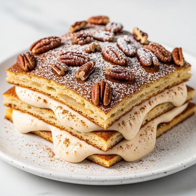 A close-up view of a three-layer square-shaped baked dessert with a creamy, thick, light beige layer flowing slightly out between each layer, and thin golden brown pancake-like layers stacked with a dusting of powdered sugar and dark cinnamon powder on top. The top layer is sprinkled generously with whole and halved pecans, adding a textured, nutty look. The dessert sits on a white plate with speckles, placed on a white marbled surface. Photo taken with an iphone --ar 4:5 --v 7