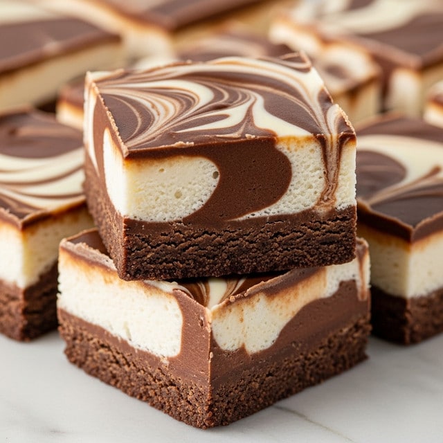 The image shows several square pieces of fudge stacked closely together, each with two main layers. The top and sides have a smooth swirl pattern mixing dark brown chocolate with creamy white, creating a marbled effect. The bottom layer is a solid thin chocolate base, slightly darker and more textured than the swirled top. The fudge squares have clean edges, and the shiny surface of the chocolate shows a soft, rich texture. The fudge pieces rest on a white marbled surface, enhancing the contrast of the chocolate colors. photo taken with an iphone --ar 4:5 --v 7