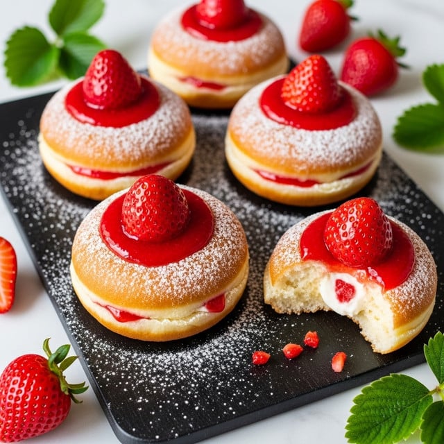 A white plate holds six round doughnuts, each topped with a dusting of powdered sugar. Every doughnut is sliced open and filled with a thick layer of white cream at the bottom and a bright red strawberry jam layer on top. The doughnuts have a golden-brown, soft texture with slightly crispy edges. Fresh whole strawberries with green leaves are placed around the plate, adding vibrant red and green colors. The plate is set on a surface with a white marbled texture, and the background shows a soft, warm sunset scene that gives a cozy, golden light to the image. Photo taken with an iphone --ar 4:5 --v 7