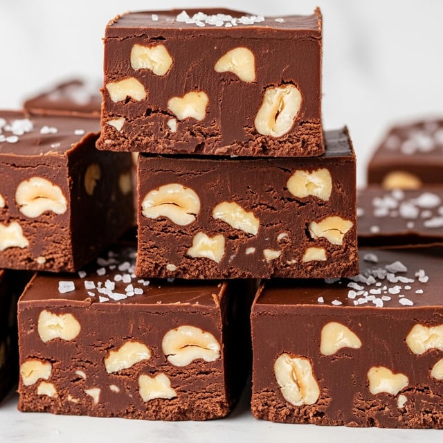 The image shows a close-up of several pieces of rich, glossy chocolate fudge stacked together. Each piece has a thick, dark brown chocolate outer layer that looks smooth and slightly shiny. Inside the fudge, there are creamy light brown nut pieces embedded within the dense chocolate filling. A few pieces show the inner texture clearly, revealing a soft, fudgy center dotted with nuts. The fudge pieces are topped with small grains of white salt, adding a contrast to the deep chocolate color. The background is a white marbled texture. photo taken with an iphone --ar 4:5 --v 7