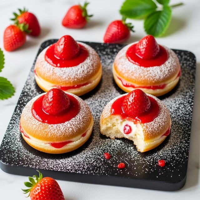 The image shows four round donuts placed on a black board with powdered sugar sprinkled on top and around them. Each donut has a glossy red strawberry in the center, which sits on a layer of bright red strawberry sauce. The donuts are golden brown with a soft texture, and one donut has a bite taken out of it, revealing a creamy white filling inside with small red strawberry bits. Fresh whole strawberries and a few green leaves are scattered around the board, all set on a white marbled surface. The scene is warmly lit, giving a fresh and inviting look. photo taken with an iphone --ar 4:5 --v 7