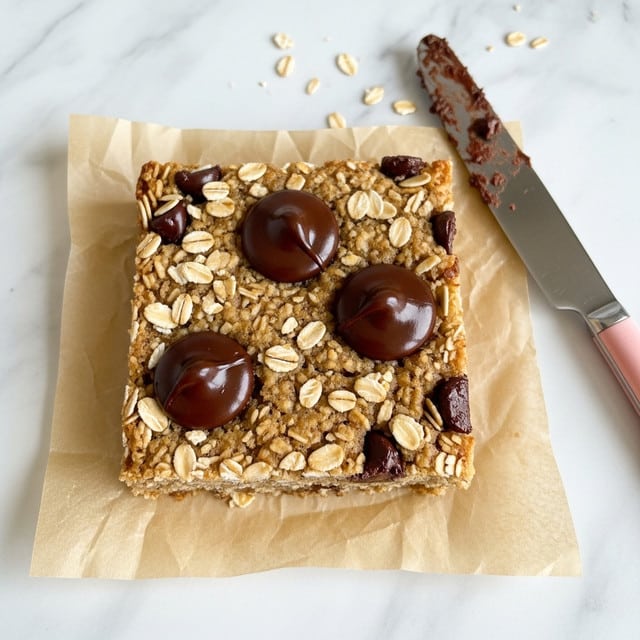 The image shows an oat and chocolate chip bar, square-shaped with three large glossy dark brown chocolate chips on top and visible rolled oats throughout the light golden-brown base. The bar has a slightly rough texture with the oats creating small bumps and the chocolate chips adding contrast. It is placed on crinkled tan parchment paper over a white marbled surface, and a butter knife with a pink handle lies nearby with some chocolate residue on its blade. Photo taken with an iphone --ar 4:5 --v 7