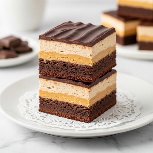 The image shows a stack of three layered dessert squares placed on a white plate with a round paper doily underneath. Each square has three layers: the bottom layer is a dense, dark brown chocolate brownie, the middle layer is a thick, smooth, light tan peanut butter cream, and the top layer is a shiny, dark chocolate ganache with subtle ridges. The layers are even and neat, with the peanut butter layer slightly thicker than the chocolate ganache topping. The stack stands against a white marbled surface with a blurred white cup and some chocolate pieces in the background. photo taken with an iphone --ar 4:5 --v 7