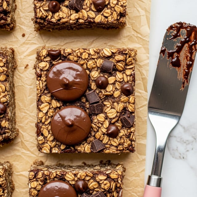The image shows a close-up of a square oatmeal bar topped with three large, round chocolate chips and smaller melted chocolate pieces, giving it a textured surface with shades of light brown oats and dark chocolate spots. The oatmeal bar is placed on crumpled parchment paper with a warm beige tone, and a metal spatula with some chocolate smears and a pink handle is positioned to the right side of the bar. The arrangement includes parts of other similar oatmeal bars, hinting at multiple pieces, on a white marbled surface. photo taken with an iphone --ar 4:5 --v 7