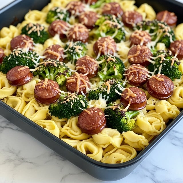 A close-up view of a baked pasta dish in a black square pan sitting on a white marbled surface. The dish has layers starting with tortellini pasta in a pale yellow color spread evenly across the bottom. Above the pasta, there are small sausage slices browned to a rich golden brown with a slightly crispy texture. Scattered among the sausage pieces are bright green broccoli florets adding a fresh color contrast. The entire dish is topped with a light sprinkle of grated white cheese, melted and slightly browned in some spots, giving it a textured, slightly crispy layer on top. photo taken with an iphone --ar 4:5 --v 7