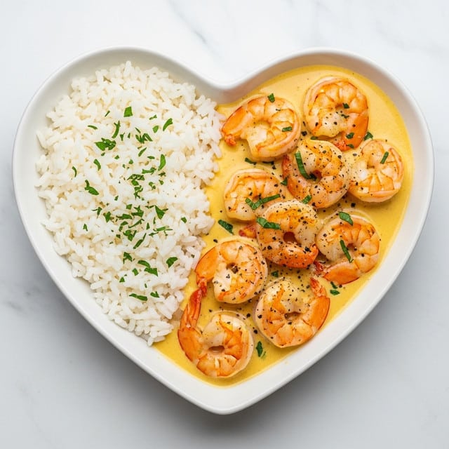 A heart-shaped white bowl holds a dish with two main parts: on the left, a mound of fluffy white rice sprinkled with small green herb pieces, and on the right, a creamy light yellow sauce with several orange-pink shrimp evenly spread out, covered in the sauce and sprinkled with green herbs and black pepper. The shrimp have a shiny texture and stand out against the smooth cream sauce. The bowl sits on a white marbled surface. Photo taken with an iphone --ar 4:5 --v 7