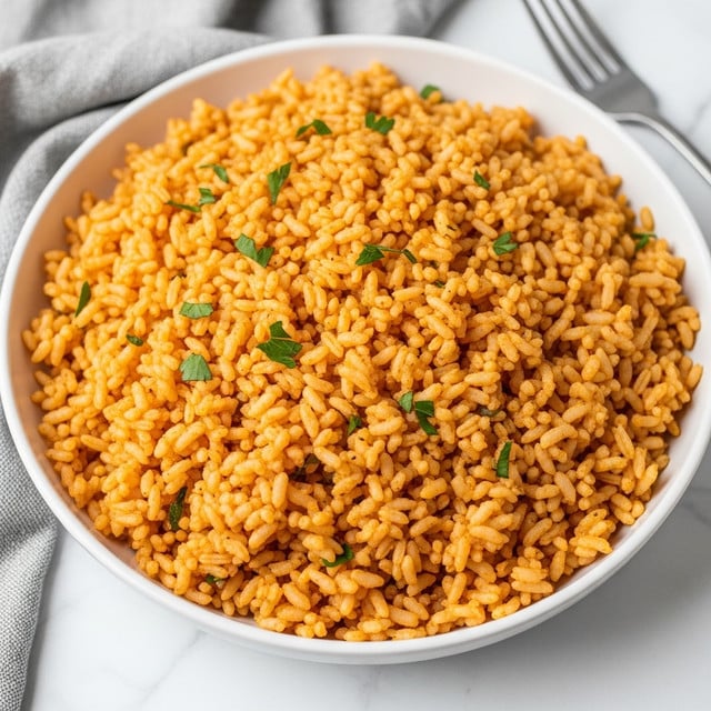 A white bowl filled with one large layer of orange-colored rice, evenly cooked with visible grains and small green herb pieces scattered throughout for a fresh look, sitting on a white marbled surface with a soft cloth and fork just visible in the top corner. The rice texture appears slightly fluffy with tiny bits of spices giving it a mixed tone. photo taken with an iphone --ar 4:5 --v 7