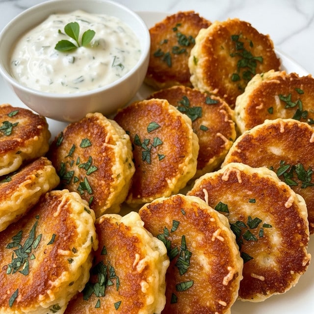 The image shows a close-up of several golden-brown, crispy rounds of fried food sprinkled with small green herb pieces, arranged closely together on a white plate. At the top left, there is a small white bowl filled with a creamy white sauce flecked with herbs, topped with a small green sprig for garnish. The texture of the fried rounds is crunchy and slightly rough, with some browned, crispy edges and melted spots that suggest cheese or batter. The background is a white marbled surface. photo taken with an iphone --ar 4:5 --v 7