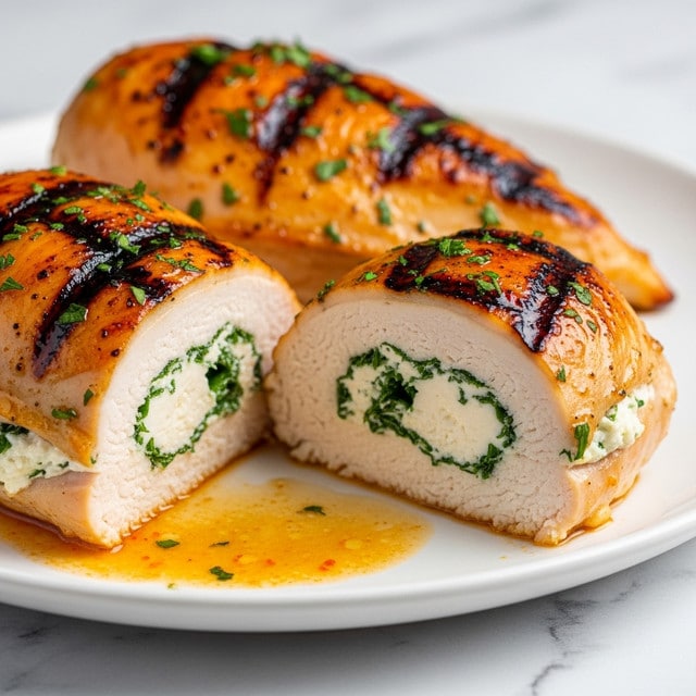 A closely zoomed-in view of a sliced stuffed chicken breast on a white plate, resting on a white marbled surface. The chicken has three main layers: the outer golden brown skin, richly browned and glazed with a slight shiny texture with small green herbs sprinkled on top; beneath is the thick white chicken meat with a smooth texture; inside is a creamy filling with white cheese and chopped green herbs spread evenly, showing small browned spots of melted cheese. A golden sauce surrounds the chicken, adding a glossy, inviting feel, with hints of herbs on the sauce and plate edges. Photo taken with an iphone --ar 4:5 --v 7