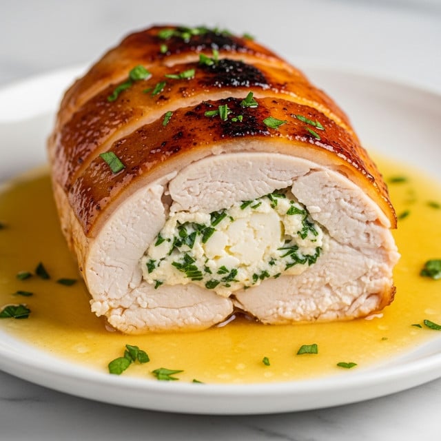 The image shows a close-up of two stuffed chicken breasts on a white plate placed on a white marbled texture surface. The chicken has a shiny, golden-brown grilled skin with some crispy, darker charred spots and sprinkled with finely chopped green herbs. One chicken breast is cut open, revealing two inner layers of creamy white cheese mixed with fresh green herbs. Juices from the chicken create a glossy, slightly orange sauce pooling at the base. The back chicken piece is slightly blurred, focusing attention on the stuffed and cut chicken breast in the front. Photo taken with an iphone --ar 4:5 --v 7