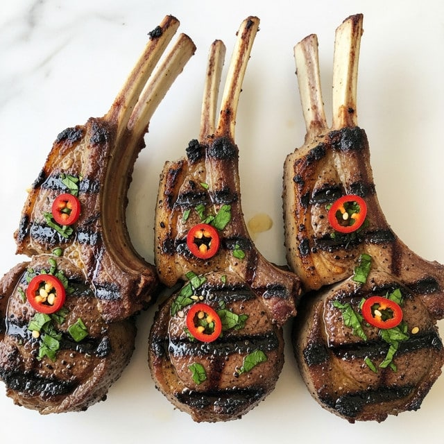 The image shows three cooked lamb chops with bones, placed side by side on a white marbled surface. The lamb chops have a dark brown, grilled outer layer with a slightly charred texture. They are sprinkled with fresh green herbs and small red chili pieces, giving a colorful contrast to the meat. The bones inside the chops are clean and light-colored, sticking out at the top. All lamb chops are arranged closely and appear juicy and tender. photo taken with an iphone --ar 4:5 --v 7