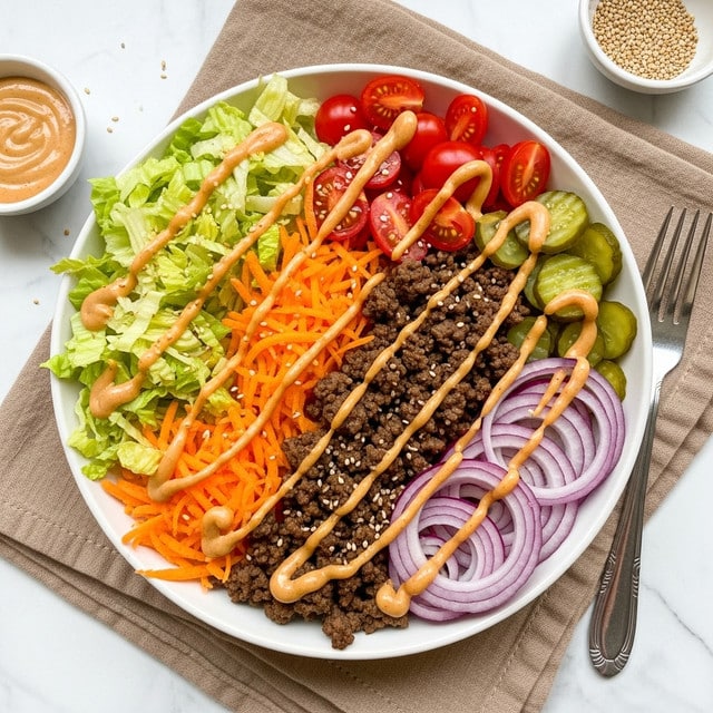 A white bowl filled with a colorful salad arranged in layers is set on a light brown cloth on a white marbled surface. Inside the bowl, shredded light green lettuce sits on the left, topped with a light brown sauce drizzle and some small sesame seeds. Next to it, a pile of grated bright orange carrot is also drizzled with the same sauce. Moving right, a large portion of cooked ground beef forms a dark brown layer across the center with the sauce drizzled in lines over it. Cherry tomato halves in a vibrant red shade are placed above the beef on the upper right, followed by a cluster of small green pickle slices. Thin rings of light purple-red onion complete the lower right part of the bowl, each also crossed with the sauce. To the right of the bowl, a silver fork lies on the cloth, and in the corners of the image, there are small bowls with sauce and sesame seeds. photo taken with an iphone --ar 4:5 --v 7