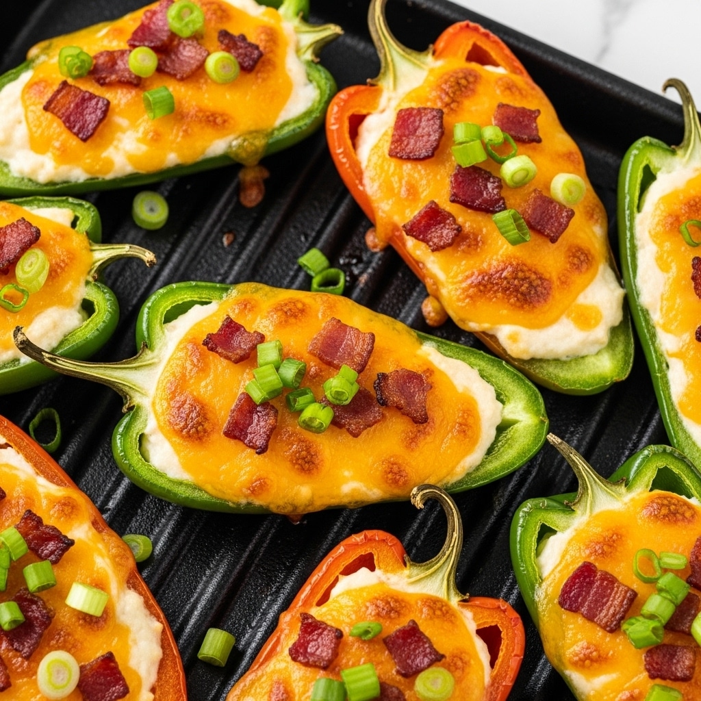 A close-up view of several jalapeño peppers cut in half lengthwise, filled with a creamy white cheese mixture visible under a layer of melted golden brown cheddar cheese with some darker toasted spots. Small pieces of crispy bacon are scattered on top of each filled pepper, along with finely chopped green onion sprinkled over the cheese. The peppers have a bright green skin and are placed closely together on a black grill tray, with some texture from the grill holes visible around the peppers. The photo shows a rich mix of golden yellow, orange, white, green, and reddish-brown colors all in tight focus. The background is changed to a white marbled texture. photo taken with an iphone --ar 4:5 --v 7
