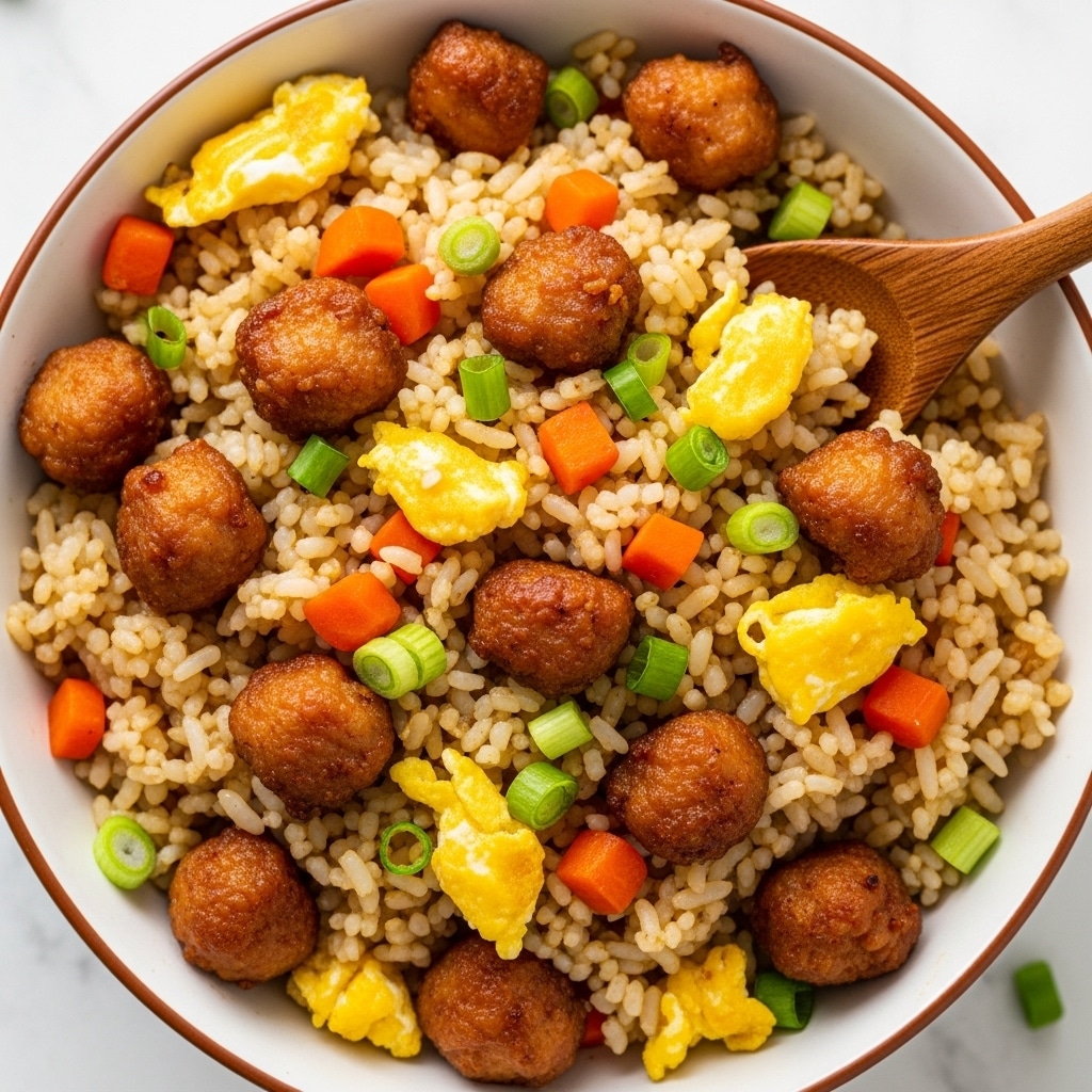 A white bowl filled with shrimp fried rice showing several layers: at the base a mix of light brown cooked rice grains, interspersed with small chopped orange carrot pieces and diced white onion. On top of this layer are light yellow scrambled egg chunks scattered evenly, along with browned shrimp pieces that have a golden, slightly crispy texture. Bright green chopped scallions are sprinkled throughout, adding a fresh pop of color, and a dark wooden spoon rests partially inside the bowl on the right side. The bowl sits on a white marbled surface. photo taken with an iphone --ar 4:5 --v 7