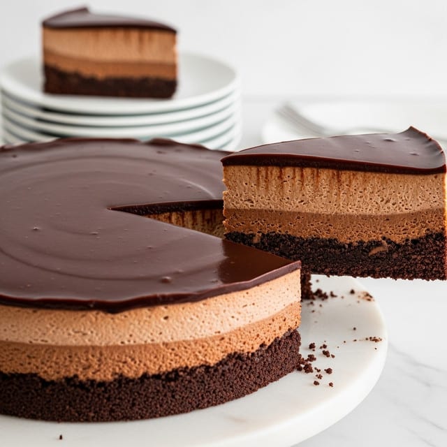 A rich chocolate mousse cake with three distinct layers is shown on a white marble cake stand. The bottom layer is a dark, crumbly chocolate crust with a rough texture. Above that is a thick, smooth milk chocolate mousse layer in a lighter brown shade, soft and creamy in appearance. The top layer is a shiny, dark chocolate glaze that is smooth and reflective, covering the entire cake surface evenly. A slice is being lifted, revealing the clean and precise borders between each layer. In the background, there is a stack of white plates with a sliced piece of the cake resting on top, displayed on a white marbled surface. photo taken with an iphone --ar 4:5 --v 7