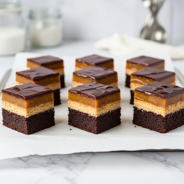 There are nine square dessert pieces arranged in three rows on a white tray lined with parchment paper. Each piece has three clear layers: the bottom layer is a dark, moist chocolate cake, the middle layer is a smooth golden caramel, and the top layer is a glossy dark chocolate ganache with a shiny texture. The background is a soft white marbled surface with blurred glass jars and utensils in the distant background. Photo taken with an iphone --ar 4:5 --v 7