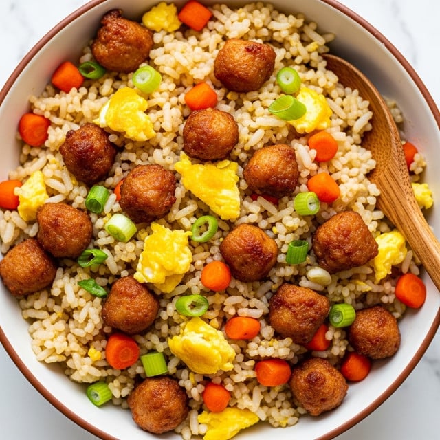 A close-up top view of a bowl filled with fried rice showing a mix of white rice grains scattered with brown, crispy small chicken pieces, bright orange diced carrots, fluffy yellow scrambled egg pieces, and finely chopped green onions all evenly spread throughout. A wooden spoon is partly visible on the right side, resting inside the bowl. The bowl is white with a thin brown rim, placed on a white marbled surface. The colors and textures of the rice and ingredients look warm and inviting with small glossy highlights on some chicken chunks. photo taken with an iphone --ar 4:5 --v 7
