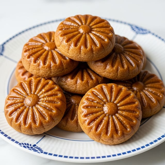 A stack of seven small, round cookies with a deep amber color and shiny glaze sits on a white plate with blue patterns around the edge. Each cookie has a detailed flower-like design etched on top with fine lines radiating from the center. The cookies look soft and slightly sticky, with a smooth and glossy texture. The plate rests on a white marbled surface. Photo taken with an iphone --ar 4:5 --v 7