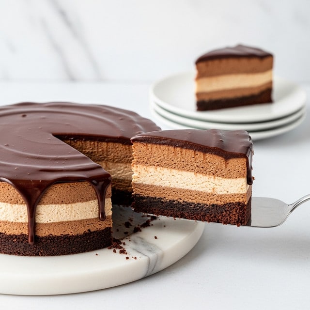 A rich chocolate mousse cake with three clear layers is shown: the bottom layer is dark and crumbly chocolate crust, the middle layer is smooth and light brown chocolate mousse, and the top layer is a shiny, dark chocolate glaze covering the entire surface. A single slice is lifted by a metal cake server revealing the inside layers, and the whole cake sits on a white marbled cake stand. In the background, a white plate holds another slice of the cake, stacked on several other white plates against a white marbled texture. Photo taken with an iphone --ar 4:5 --v 7