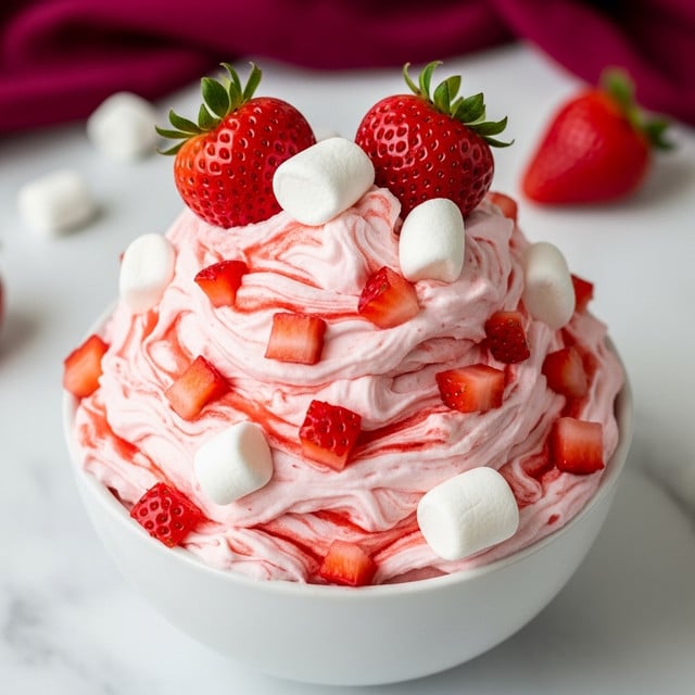 A white bowl filled with a fluffy, creamy dessert that is light pink with streaks of red, made from whipped cream mixed with chopped strawberries. On top, there are two whole bright red strawberries with green tops and several pieces of white marshmallows with a soft texture scattered around. The whipped mixture has swirls and peaks, with chunks of red strawberry scattered throughout, all sitting on a white marbled surface with a dark red cloth blurred in the background. photo taken with an iphone --ar 4:5 --v 7