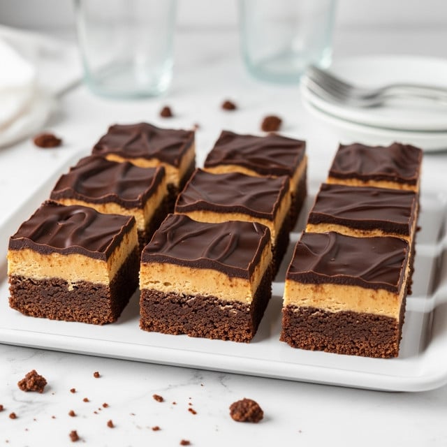 The image shows a white tray with nine square-shaped dessert bars arranged in three rows. Each bar has three layers: a thick, dark brown, moist-looking base; a middle layer of smooth, light brown peanut butter filling; and a glossy, dark chocolate layer on top that appears shiny and slightly wavy. The tray is set on a white marbled surface with some scattered crumbs around it, and blurred glassware and utensils are visible in the background. photo taken with an iphone --ar 4:5 --v 7