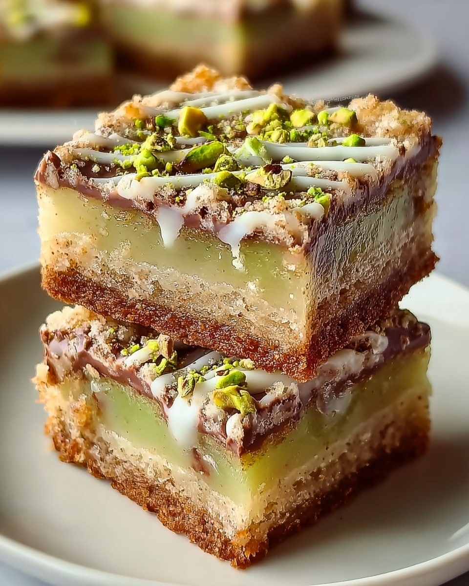 Two square bars are stacked on a white plate placed on a white marbled surface. Each bar has a crumbly golden-brown crust at the bottom, followed by a thick, translucent pale green layer that looks moist and gooey. Above this is a thin layer of melted milk chocolate with smooth texture, drizzled with white icing in a zigzag pattern and sprinkled with small green pistachio pieces. The bars have a rough, crumbly edge on top and the whole presentation is close-up, showing detailed texture and colors. Photo taken with an iphone --ar 4:5 --v 7