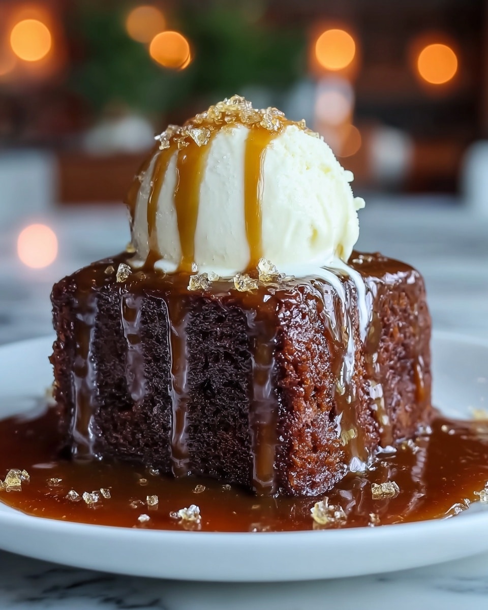 A rich, square piece of dark brown sticky cake sits in the center of a white plate, covered in thick, shiny caramel sauce that drips down its sides and pools around its base. On top of the cake is a large scoop of creamy off-white ice cream, with thin caramel sauce lightly drizzled over it. There are small flakes of sea salt and tiny gold sparkles scattered over the caramel sauce on and around the cake, adding texture and shine. The background is softly blurred with warm lights, and the surface under the plate shows a white marbled texture. photo taken with an iphone --ar 4:5 --v 7