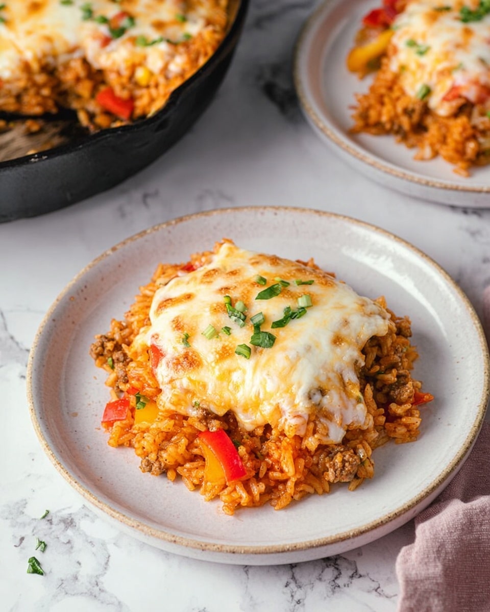 A white plate holds a serving of layered baked rice dish, with the bottom layer consisting of orange-colored cooked rice mixed with ground meat and small red and yellow bell pepper pieces. On top, there is a thick layer of melted cheese that is golden brown in spots with a slightly bubbly texture. Small green herb pieces are sprinkled over the cheese for a fresh look. The scene shows another similar plate and a black skillet with the same cheesy rice dish in the background, all set on a white marbled surface. Photo taken with an iphone --ar 4:5 --v 7