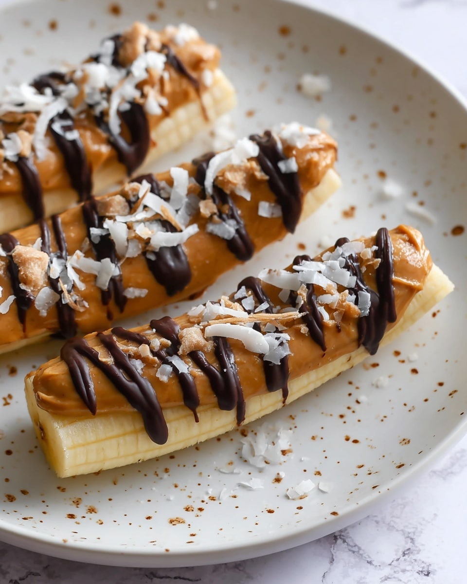 The image shows a close-up of a dessert made from a banana sliced in half lengthwise. There are three main layers on the banana: the base layer is the pale yellow banana, the middle layer is a thick, brown peanut butter spread unevenly on top, and the top layer is dark chocolate drizzled in thin lines across the banana and peanut butter. Small white coconut flakes are sprinkled over the chocolate. The banana pieces are placed on a white plate with small brown specks, and the background is a white marbled texture. photo taken with an iphone --ar 4:5 --v 7