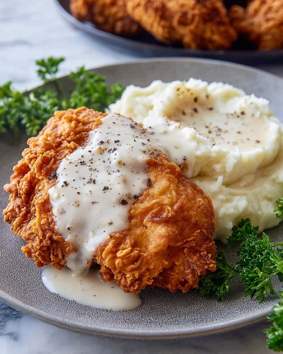 A grey plate holds a serving of crispy fried chicken, golden brown with a rough, crunchy texture on the outside. The chicken is covered with a thick layer of smooth white gravy, sprinkled with black pepper. Next to the chicken is a large scoop of creamy mashed potatoes, soft and white. The plate is set on a white marbled surface with sprigs of green parsley around it for decoration, and more pieces of fried chicken can be seen blurred in the background. photo taken with an iphone --ar 4:5 --v 7