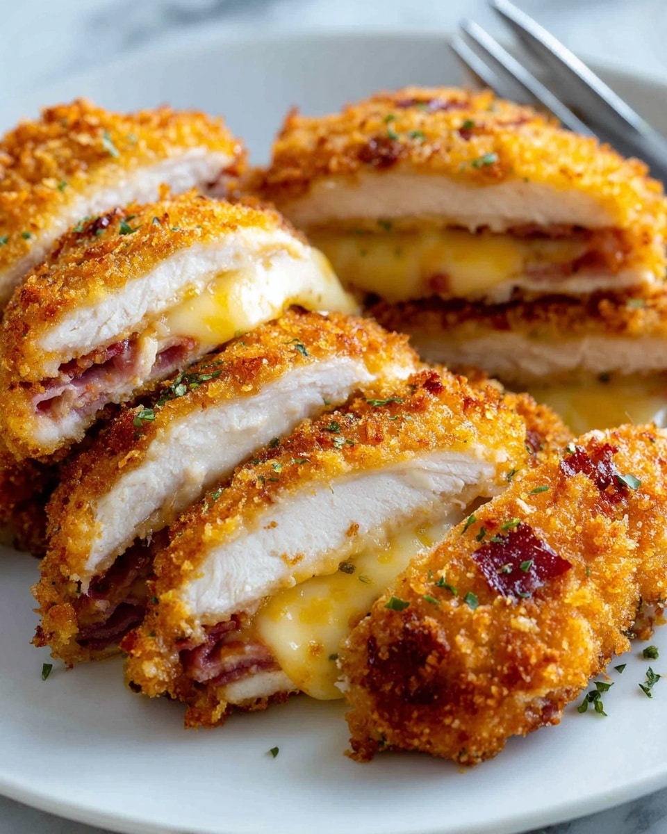 The image shows several pieces of golden brown breaded chicken cutlets on a white plate, each cutlet sliced to reveal three main layers: a crispy, crunchy outer breaded layer in deep golden brown color, a thick white chicken meat layer in the middle, and an inner filling of melted creamy yellow cheese with bits of reddish-brown ham. The chicken looks juicy and tender, and small green herb flecks are sprinkled over the cheese and breading. The plate sits on a white marbled surface and there is a fork partially visible on the right side. Photo taken with an iphone --ar 4:5 --v 7
