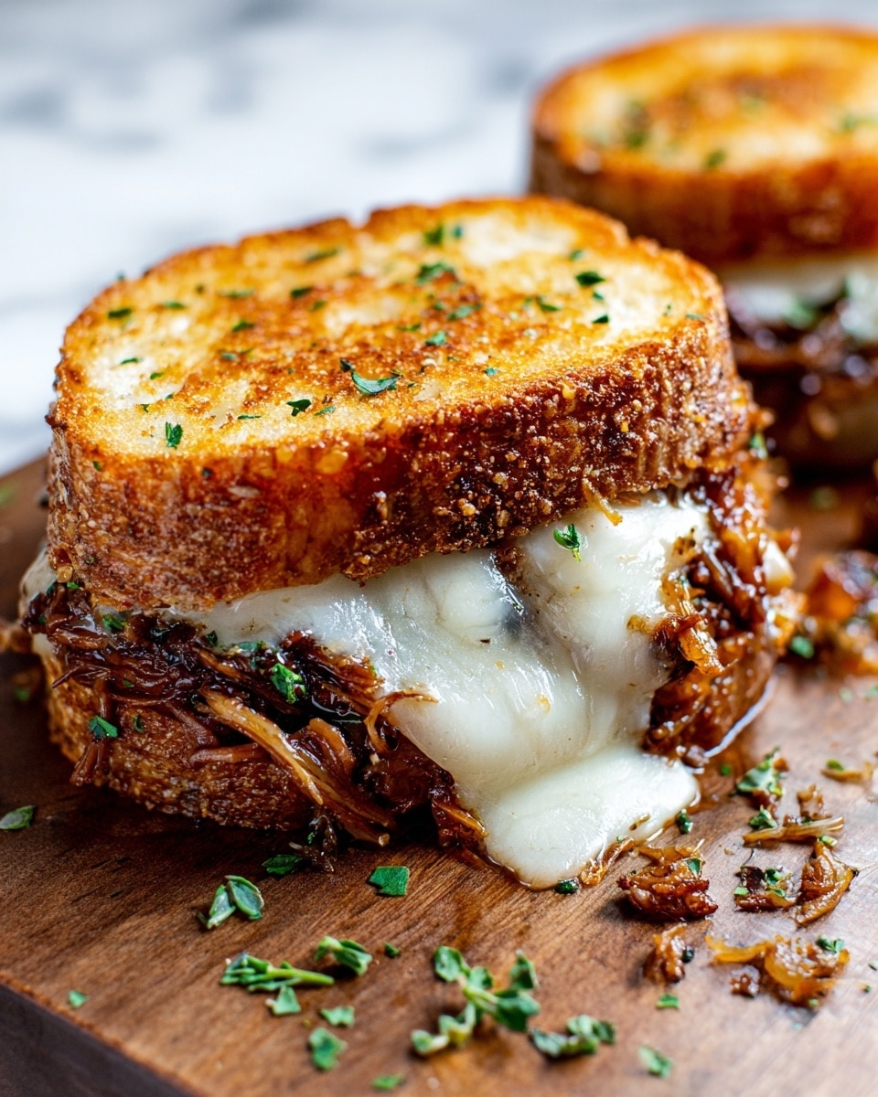 A close-up of a toasted sandwich with two thick slices of golden brown bread, showing a crunchy texture and sprinkled with small bits of green herbs; between the bread layers is melted, gooey white cheese spilling out and mixed with dark brown, saucy shredded meat that looks tender and juicy. The sandwich sits on a wooden surface scattered with tiny green herb pieces and crumbs, all placed on a white marbled texture. Photo taken with an iphone --ar 4:5 --v 7