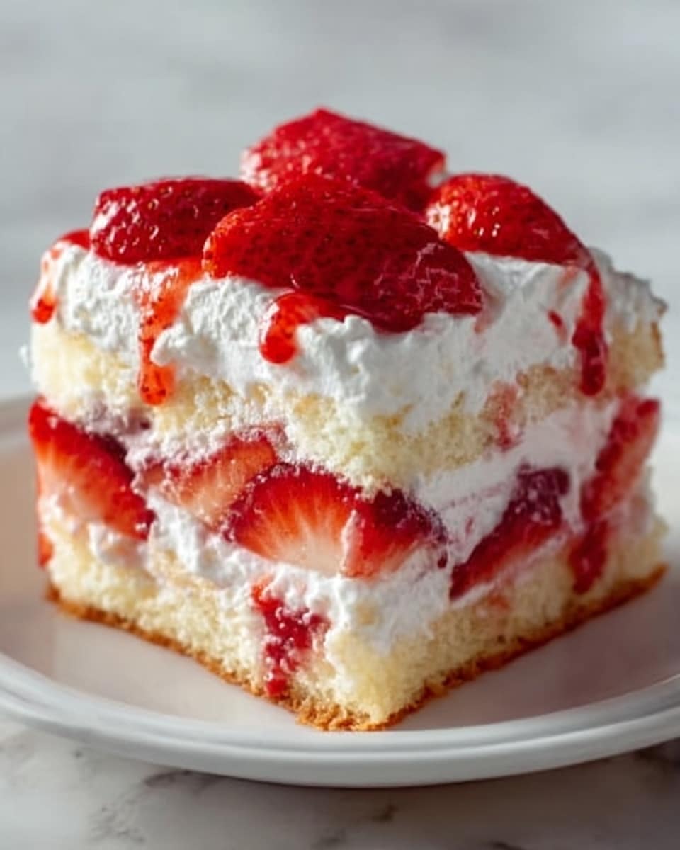 This image shows a square piece of strawberry shortcake with three visible layers. The bottom layer is a soft, light-colored sponge cake. On top of it is a thick white layer of cream mixed with slices of bright red strawberries. Above that, there is another layer of sponge cake slightly soaked with strawberry juice, giving it a pinkish tone. The top layer is fluffy white cream spread evenly with several whole, sliced strawberries arranged neatly on it. Some red strawberry syrup drips down the sides, adding a glossy texture. The cake rests on a white plate placed on a white marbled surface. photo taken with an iphone --ar 4:5 --v 7