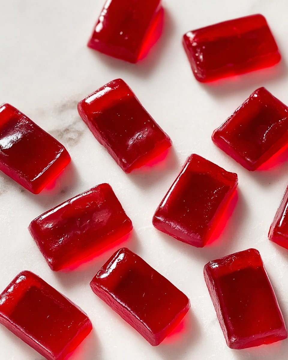 The image shows multiple small rectangular red gummy candies arranged loosely on a white marbled surface. Each piece is translucent, with smooth, shiny surfaces that catch light, emphasizing their gelatinous texture. The gummies vary slightly in size but maintain a consistent bright red color and glossy finish throughout. The clean white marbled background highlights the vivid red color of the gummies, creating a simple yet appealing presentation. photo taken with an iphone --ar 4:5 --v 7