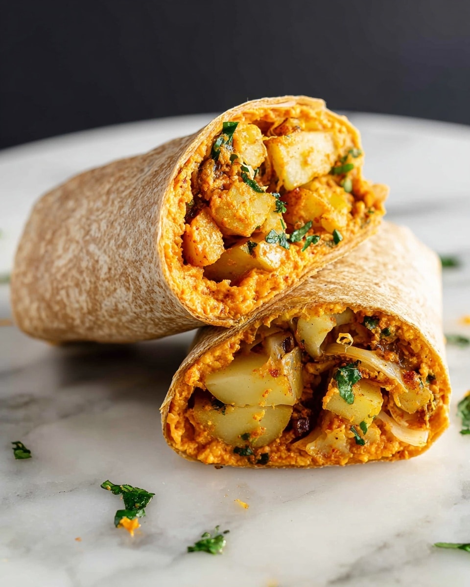 The image shows a close-up of two halves of a wrap sandwich stacked on a white marbled surface. The wrap is light brown and textured, with a thick filling visible at the cut ends. Inside the wrap, there are several layers: the outermost is the wrap itself, followed by a creamy orange layer that looks like a spread or sauce. Nestled inside this are chunks of cooked potatoes which are golden brown and soft, mixed with pieces of sautéed onions that are translucent with slight browning. Green herbs are sprinkled lightly both inside the wrap and around it on the surface, adding freshness and color contrast to the warm tones of the filling. Photo taken with an iphone --ar 4:5 --v 7