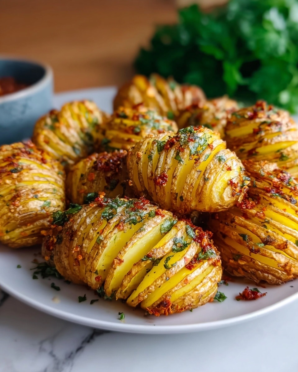 A round white plate filled with multiple crispy roasted hasselback potatoes, each potato sliced thinly into many layers showing a golden yellow inside with a slightly browned, crunchy outside. The potatoes are sprinkled with green herbs and red spices, giving a textured look with small bits scattered on top. The plate is set on a white marbled surface, and in the background, there is a blurred green leafy garnish. Photo taken with an iphone --ar 4:5 --v 7