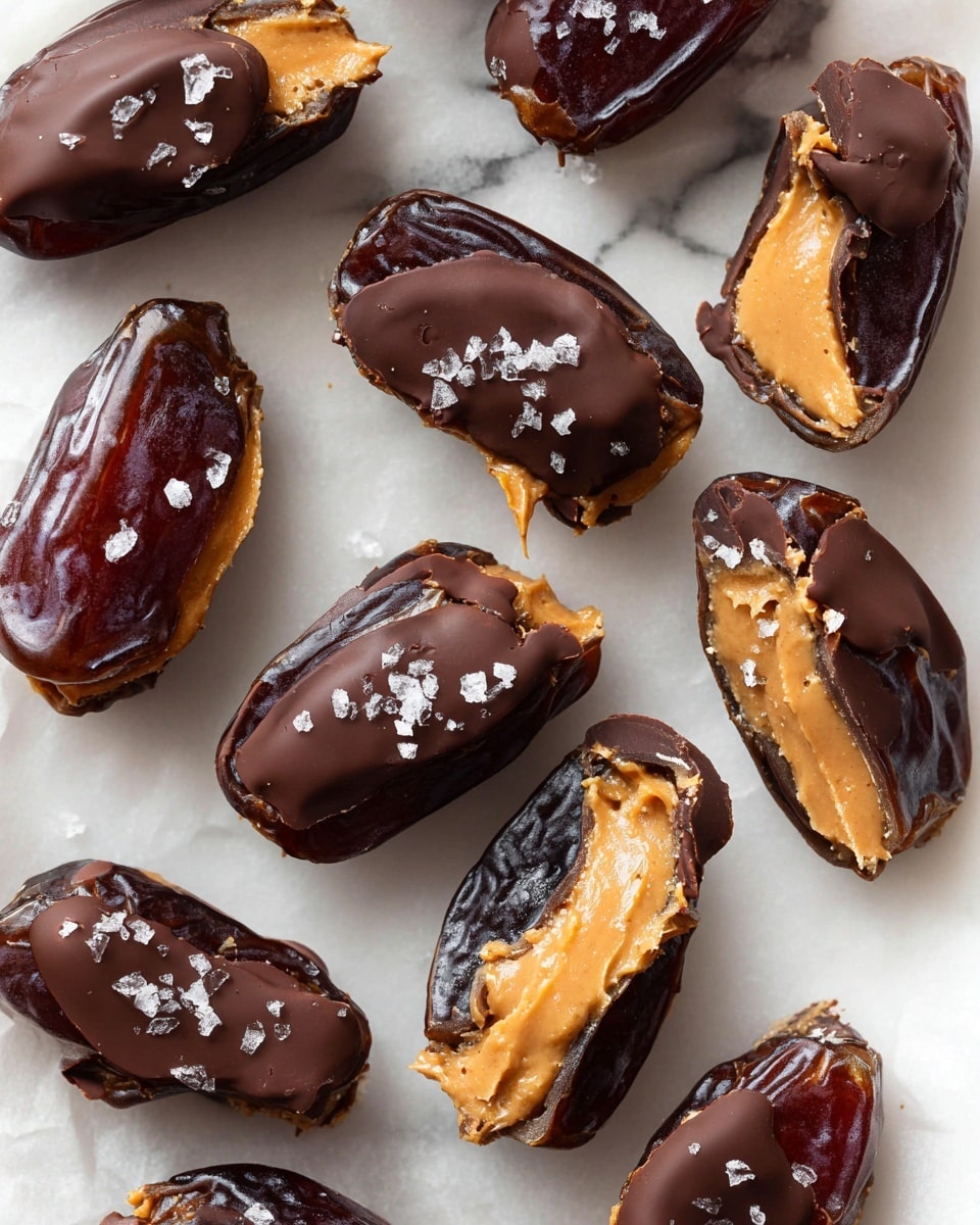 The image shows several date halves arranged on white parchment paper over a white marbled surface. Each date is filled with a creamy light brown peanut butter layer in the center. On top of the peanut butter, there is a thick, glossy layer of dark chocolate that covers most of the surface, with some melting and curved texture. Small flakes of sea salt are sprinkled on top of the chocolate, adding a bit of sparkle. One of the dates is cut open, clearly showing the peanut butter and chocolate layers inside, with the sticky, dark brown date flesh forming the base and sides. photo taken with an iphone --ar 4:5 --v 7