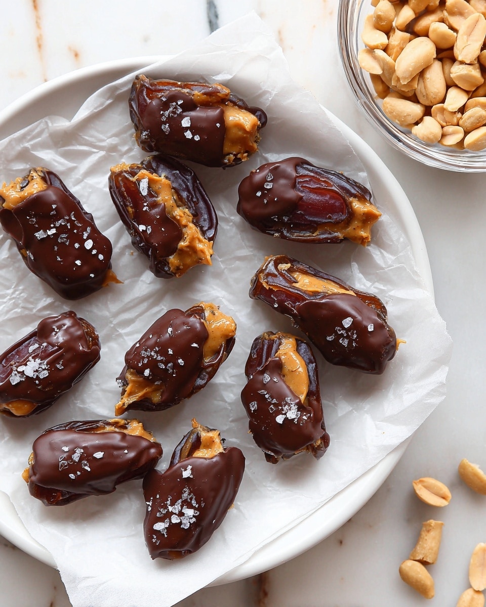 A white plate lined with crumpled white parchment paper holds several pieces of dates topped with peanut butter and a smooth spread of melted dark chocolate, sprinkled lightly with flakes of sea salt. The dates have a dark brown, slightly wrinkled texture, each with one layer of creamy light brown peanut butter just underneath the thick, glossy, dark chocolate layer. Nearby is a clear glass bowl with a few scattered peanuts inside, all set against a white marbled surface. photo taken with an iphone --ar 4:5 --v 7