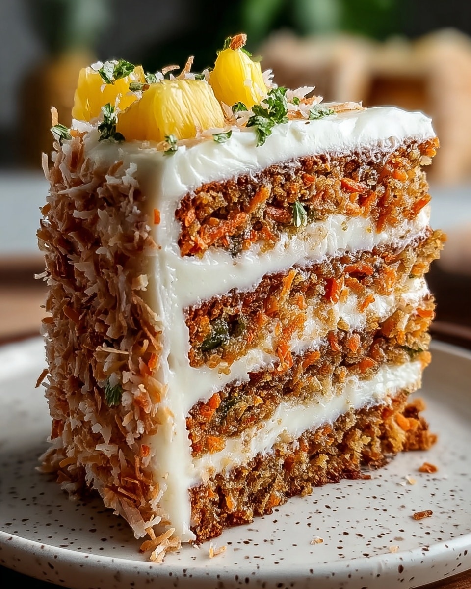 A close-up of a three-layer carrot cake slice sitting on a white plate with speckled texture. The bottom and middle layers are moist, brownish-orange cake with visible bits of carrot and nuts. Between each cake layer is a thick, creamy white frosting layer. The outer edges of the cake are fully covered with toasted brown coconut flakes. The top layer of white frosting is decorated with small yellow pineapple chunks and green herb leaves. The background is blurred, showing a white marbled surface. photo taken with an iphone --ar 4:5 --v 7