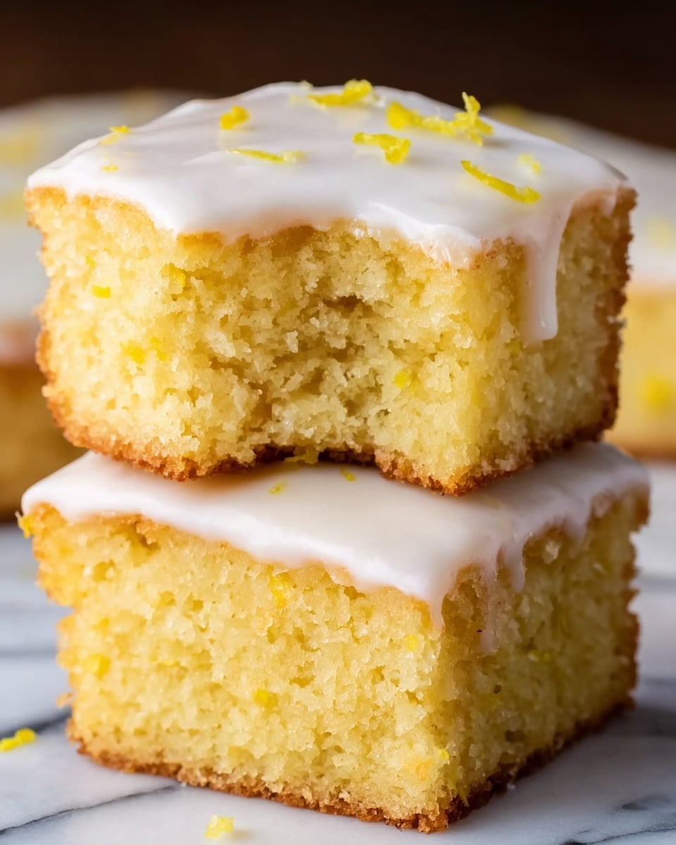 Two square-shaped yellow cake pieces are stacked on top of each other on a white marbled surface. Each piece has a soft, crumbly texture with a light golden yellow color. The top layer of both pieces is covered with a smooth, white icing that drips slightly over the edges. The top cake piece has a bite taken out of its front side, showing the moist crumb inside. Small yellow zest bits are scattered lightly on the icing. Photo taken with an iphone --ar 4:5 --v 7