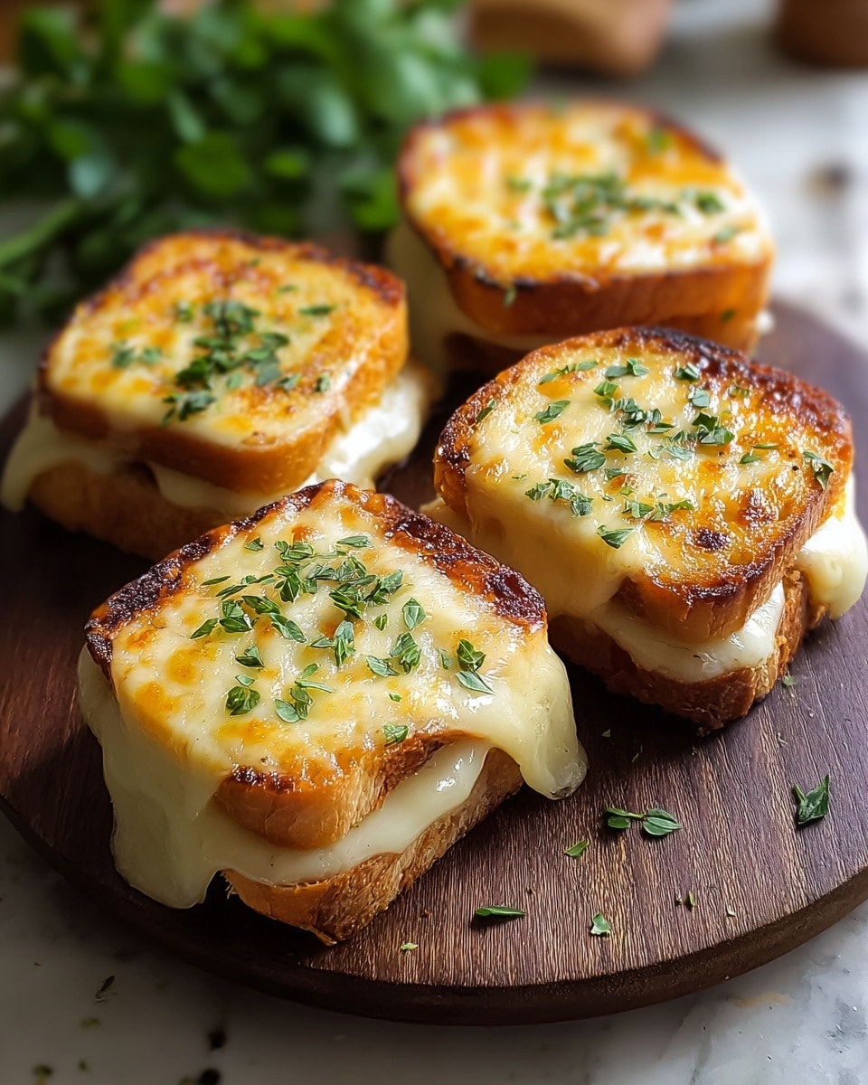 Four small grilled cheese pieces are placed closely on a round dark wooden board. Each piece has a base layer of thick white bread soft inside with a light brown crust, topped with a golden, melted cheese layer that spills slightly over the edges. The top cheese layer shows grill marks and is sprinkled with small bits of fresh green herbs. The background is a white marbled texture with blurred green leaves visible in the back. photo taken with an iphone --ar 4:5 --v 7